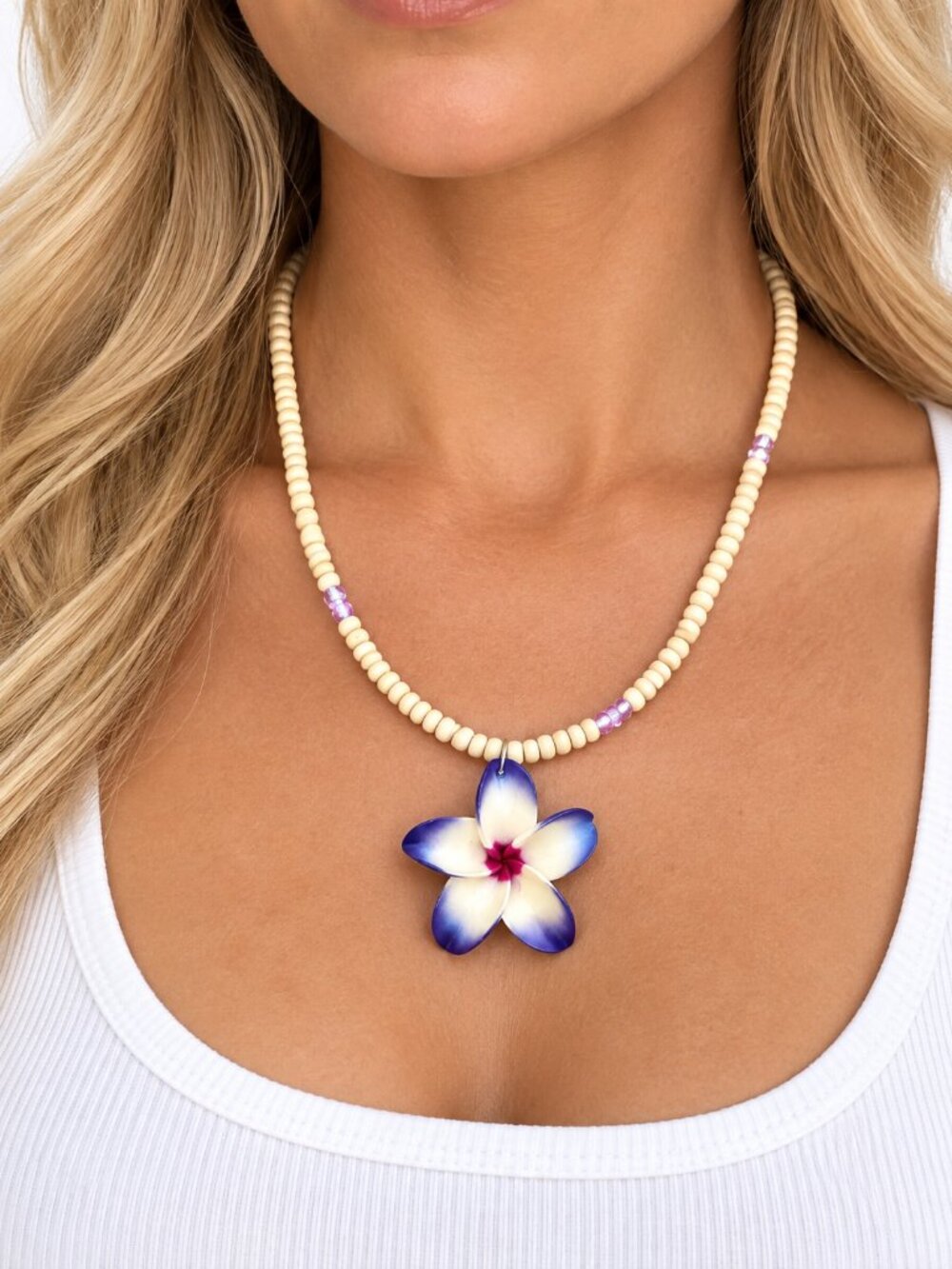 Vintage Hawaiian Plumeria Flower Pendant Beaded Necklace